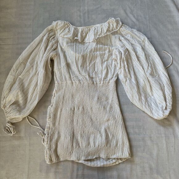 Jens Pirate Booty Vambelle Mini Dress Cream Gold Stripe S Boho Beach Ballon - Picture 16 of 16